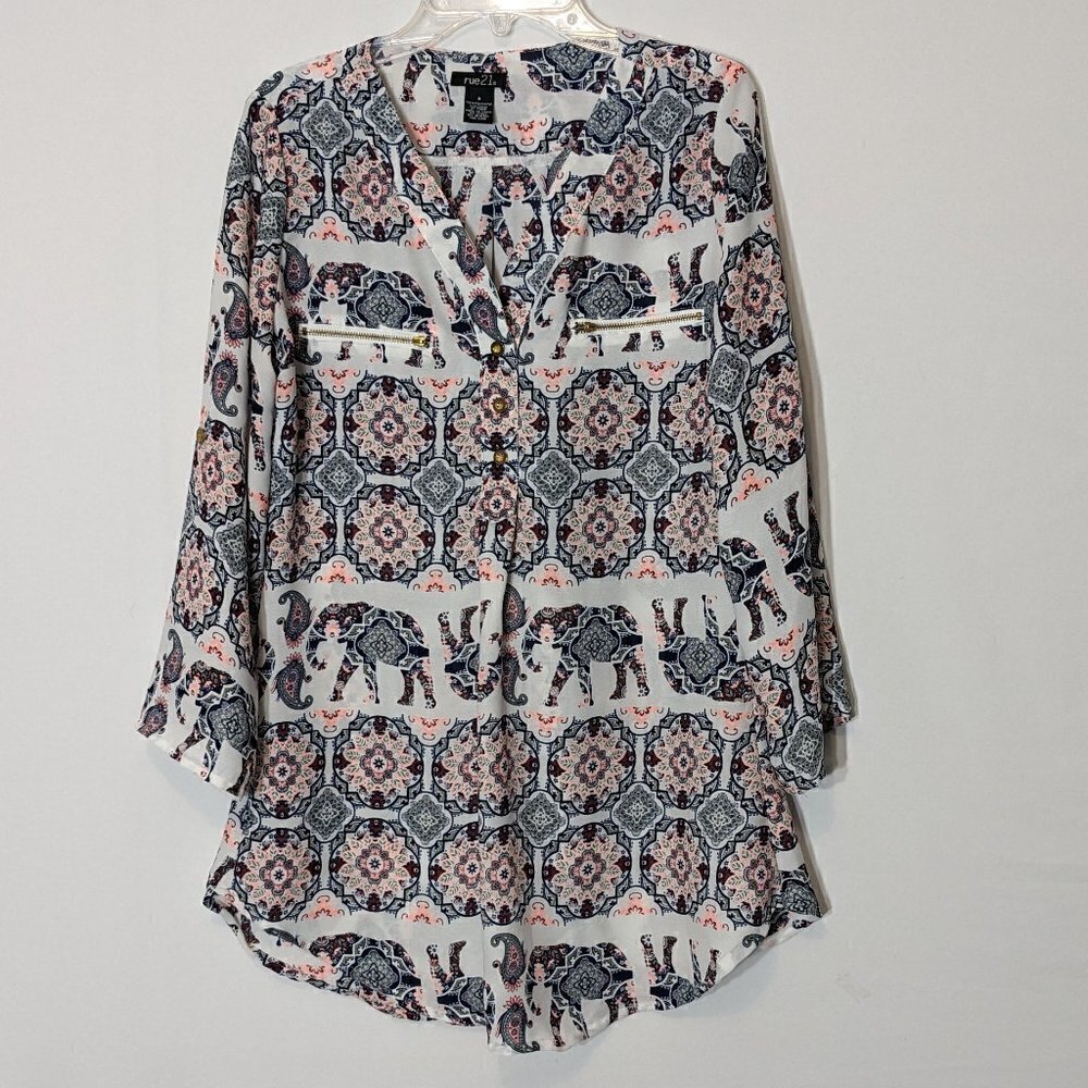 Women's RUE 21, White/Blue/Pink, Chiffon, Henley, 3/4 Sleeve Tunic; Size S